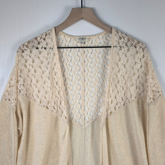 Umgee Cardigan Womens S/M Beige Sheer Crochet Lace Boho Drape Hem 3/4 Sleeve - Picture 2 of 12